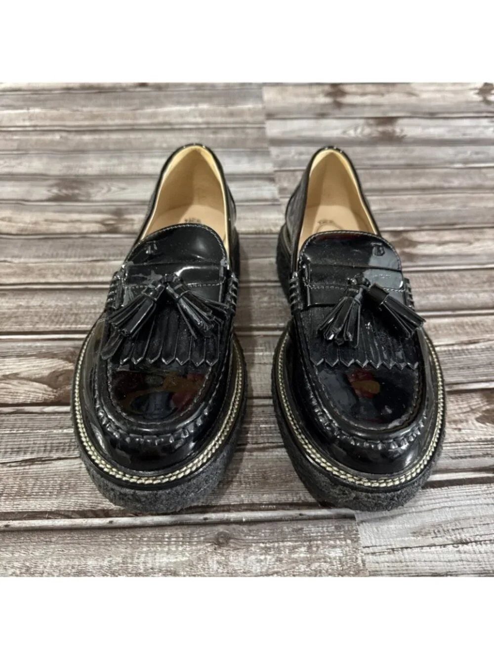 TOD'S Rough rubber sole loafers with tassels Size 39.5 EU 9.5 US New Black $599
